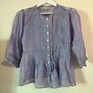 Serenade Women Purple Silk Button-Up Pintuck Blouse Small 3/4 Sleeve Ruffle Trim